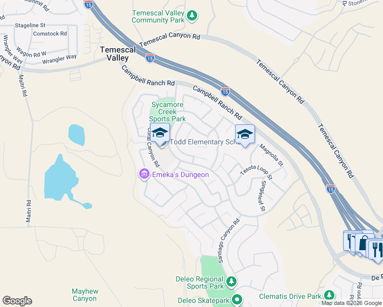 map of restaurants, bars, coffee shops, grocery stores, and more near 25111 Cliffrose Street in Corona