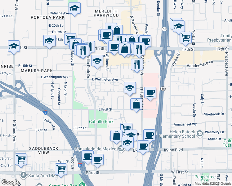 map of restaurants, bars, coffee shops, grocery stores, and more near 1026 Mirasol Street in Santa Ana