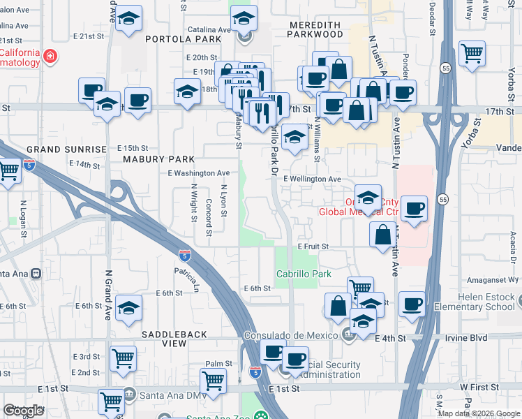 map of restaurants, bars, coffee shops, grocery stores, and more near 1062A Cabrillo Park Drive in Santa Ana