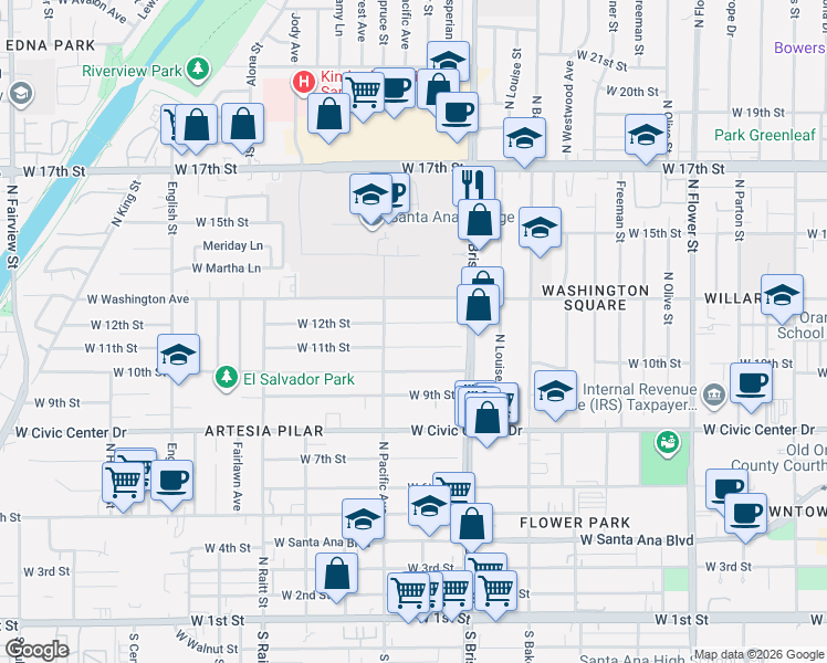 map of restaurants, bars, coffee shops, grocery stores, and more near 1429 West 11th Street in Santa Ana