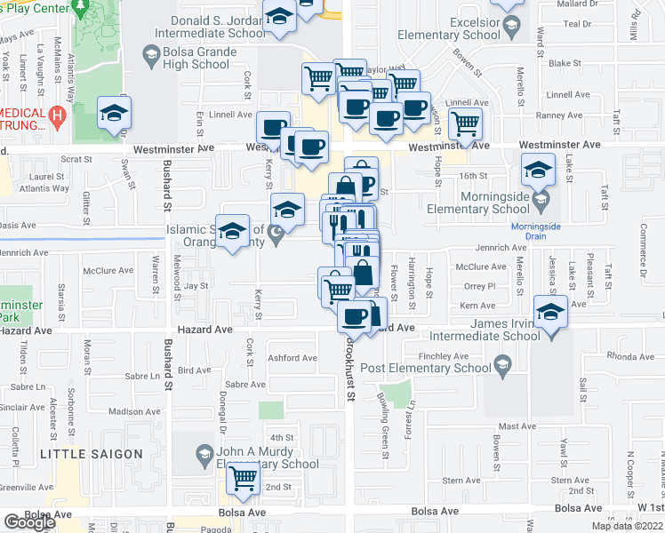 map of restaurants, bars, coffee shops, grocery stores, and more near 9961 11th Street in Garden Grove