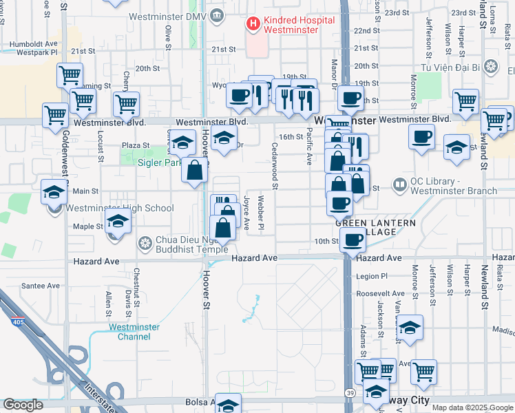 map of restaurants, bars, coffee shops, grocery stores, and more near 14312 Webber Place in Westminster