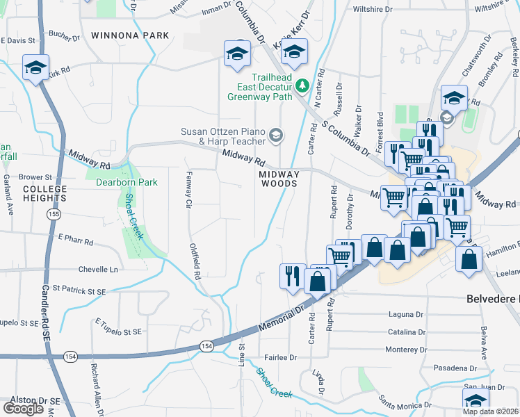 map of restaurants, bars, coffee shops, grocery stores, and more near 1352 Conway Road in Decatur