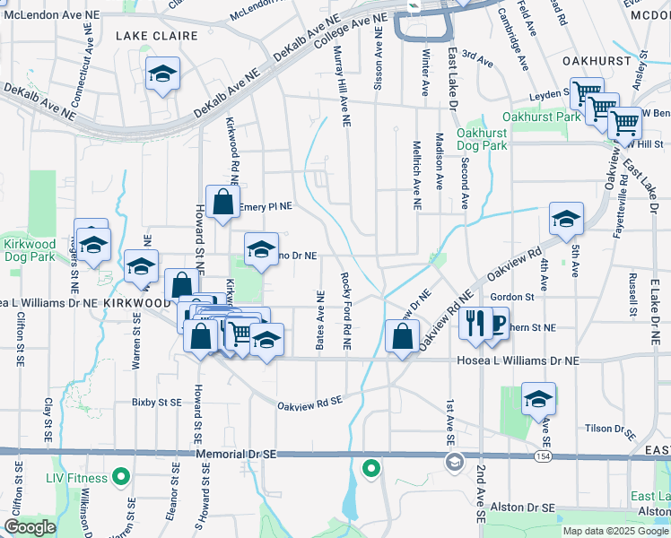 map of restaurants, bars, coffee shops, grocery stores, and more near 102 Rockyford Road Northeast in Atlanta