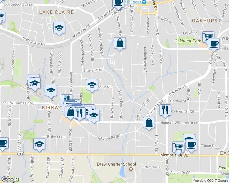 map of restaurants, bars, coffee shops, grocery stores, and more near 98 Rockyford Road Northeast in Atlanta