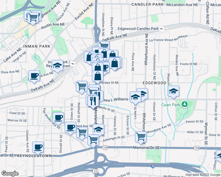 map of restaurants, bars, coffee shops, grocery stores, and more near 34 Sanderson Street Northeast in Atlanta