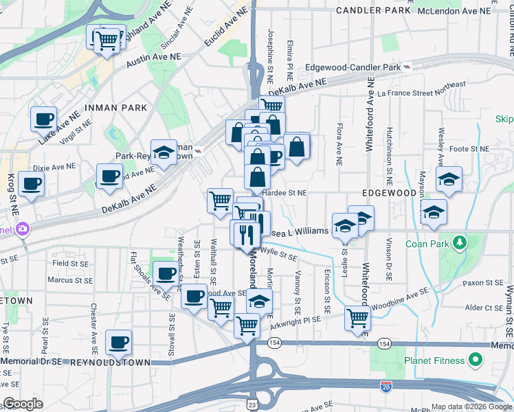 map of restaurants, bars, coffee shops, grocery stores, and more near 36 Moreland Avenue Northeast in Atlanta