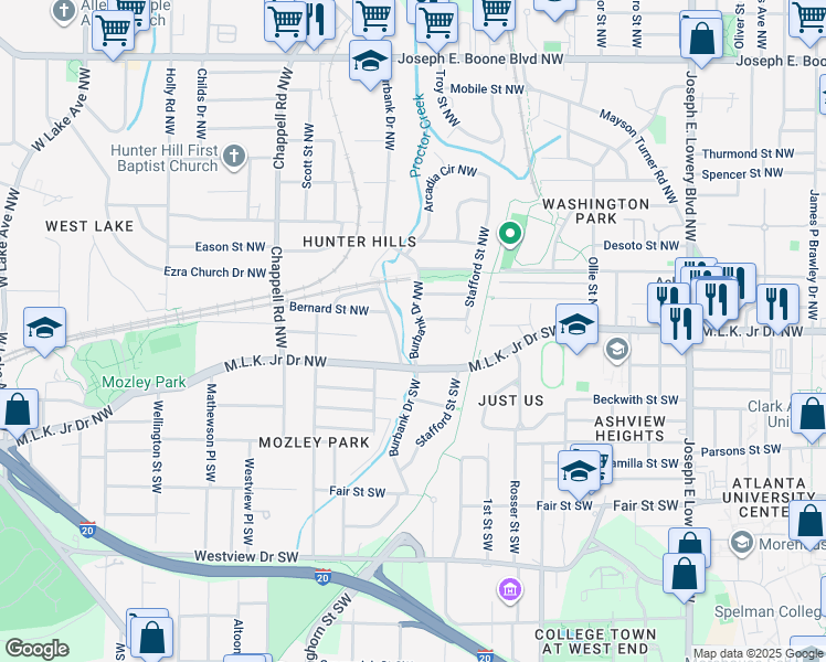 map of restaurants, bars, coffee shops, grocery stores, and more near 15 Rockmart Drive Southwest in Atlanta