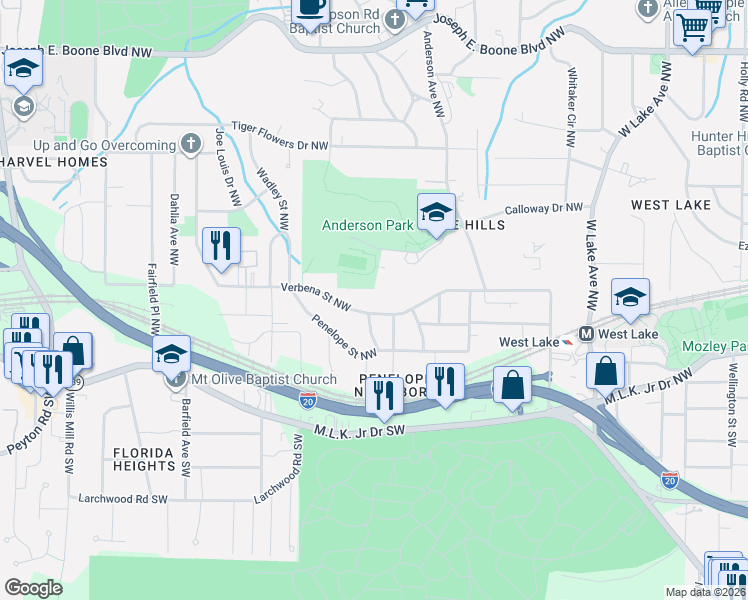 map of restaurants, bars, coffee shops, grocery stores, and more near 2045 Verbena Street Northwest in Atlanta