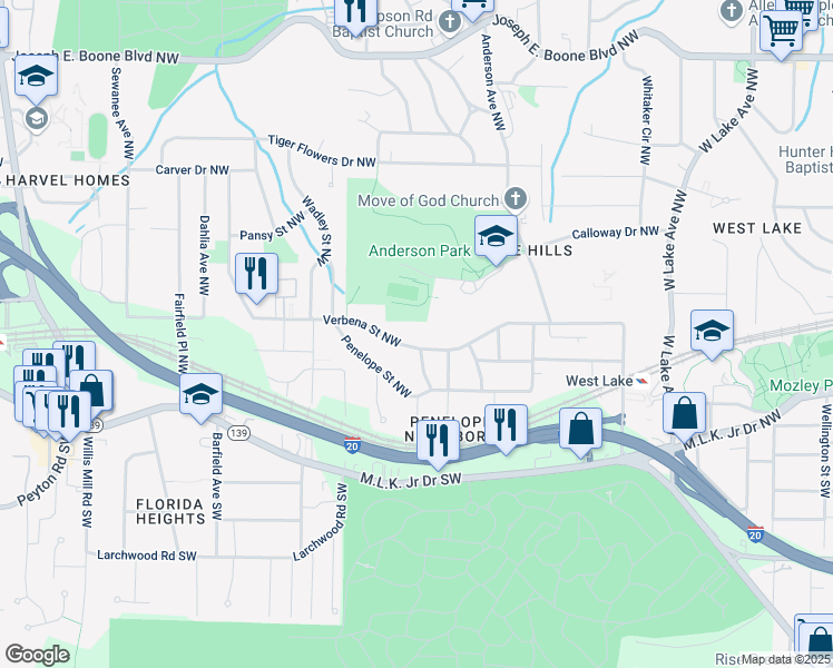 map of restaurants, bars, coffee shops, grocery stores, and more near 2065 Verbena Street Northwest in Atlanta