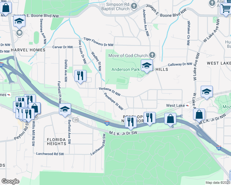 map of restaurants, bars, coffee shops, grocery stores, and more near 2094 Verbena Street Northwest in Atlanta