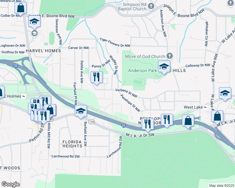 map of restaurants, bars, coffee shops, grocery stores, and more near 2178 Penelope Street Northwest in Atlanta