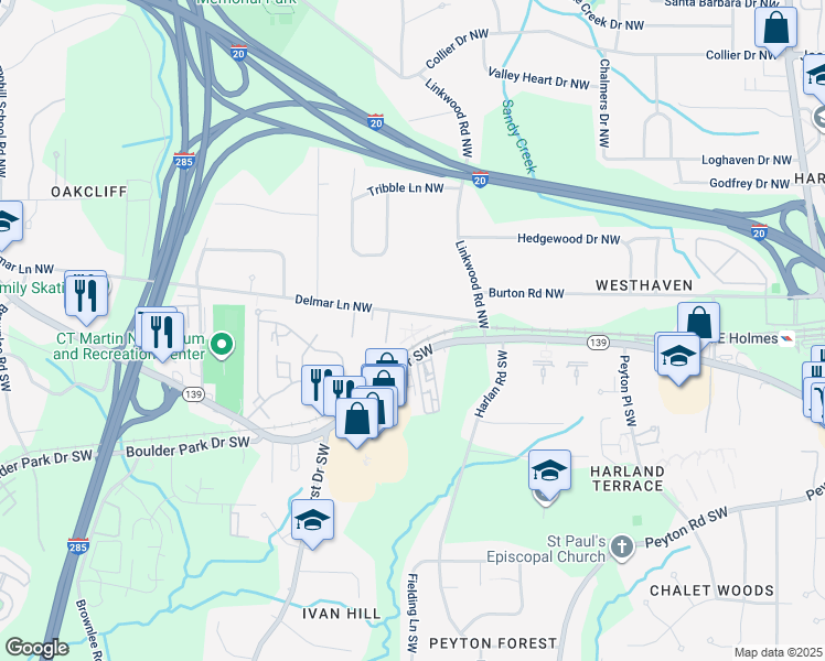 map of restaurants, bars, coffee shops, grocery stores, and more near 2948 Delmar Lane Northwest in Atlanta