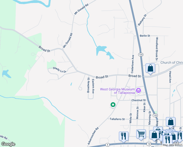map of restaurants, bars, coffee shops, grocery stores, and more near 283 Broad Street in Tallapoosa