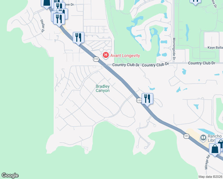 map of restaurants, bars, coffee shops, grocery stores, and more near 70499 Boothill Road in Rancho Mirage