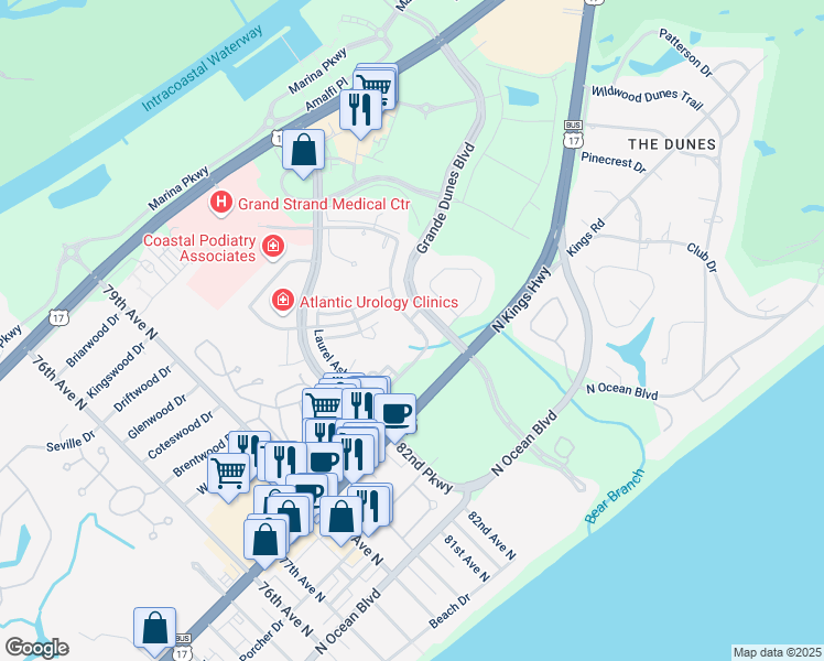 map of restaurants, bars, coffee shops, grocery stores, and more near 8171 Sandlapper Way in Myrtle Beach