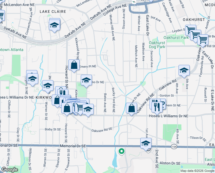map of restaurants, bars, coffee shops, grocery stores, and more near 98 Rockyford Road Northeast in Atlanta