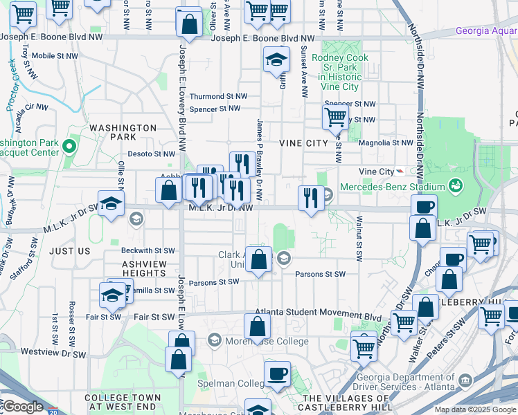 map of restaurants, bars, coffee shops, grocery stores, and more near 2 James P Brawley Drive Northwest in Atlanta