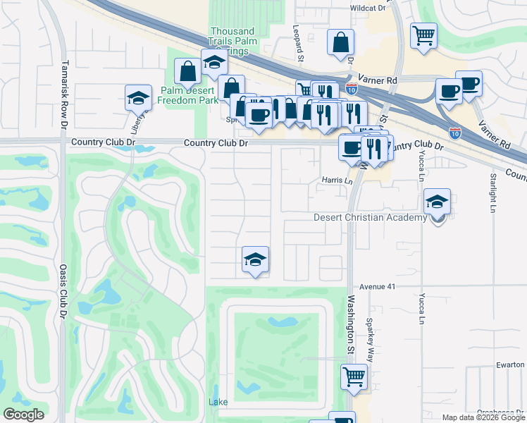 map of restaurants, bars, coffee shops, grocery stores, and more near 77710 Westbrook Court in Palm Desert