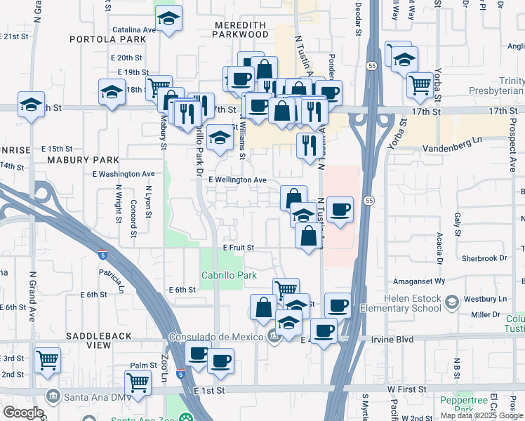 map of restaurants, bars, coffee shops, grocery stores, and more near 1026 Mirasol Street in Santa Ana