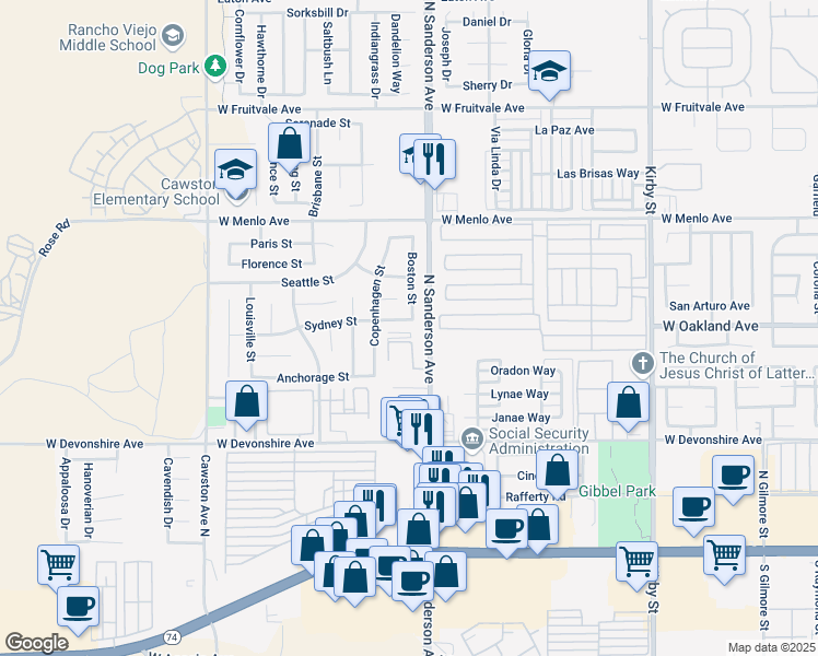 map of restaurants, bars, coffee shops, grocery stores, and more near 3365 Sydney Street in Hemet