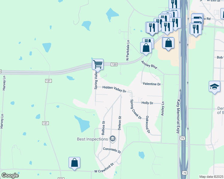 map of restaurants, bars, coffee shops, grocery stores, and more near 4000 Hidden Valley Drive in Denison