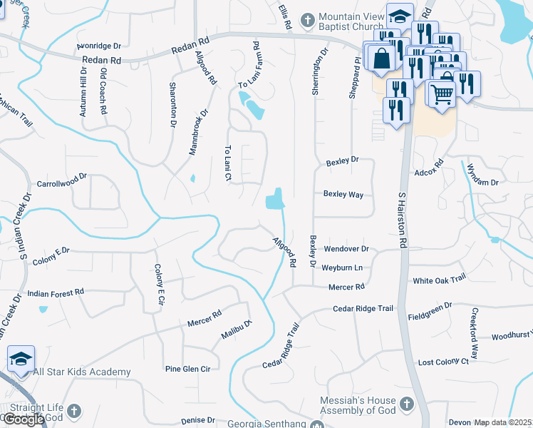 map of restaurants, bars, coffee shops, grocery stores, and more near 1530 Allgood Road in Stone Mountain