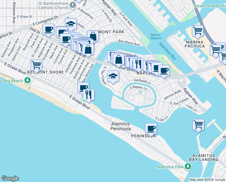 map of restaurants, bars, coffee shops, grocery stores, and more near 5534 East The Toledo in Long Beach