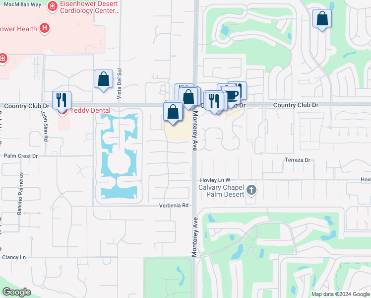 map of restaurants, bars, coffee shops, grocery stores, and more near 76 Calle Manzanita in Rancho Mirage