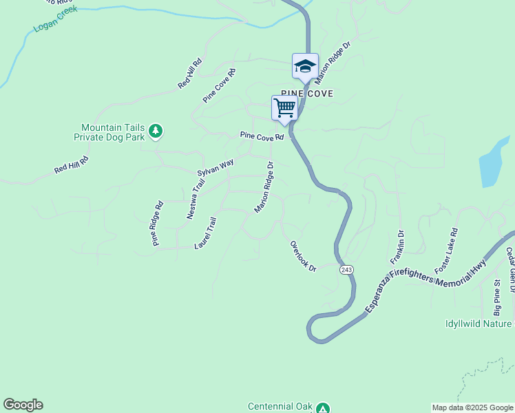 map of restaurants, bars, coffee shops, grocery stores, and more near 25305 Marion Ridge Drive in Idyllwild-Pine Cove