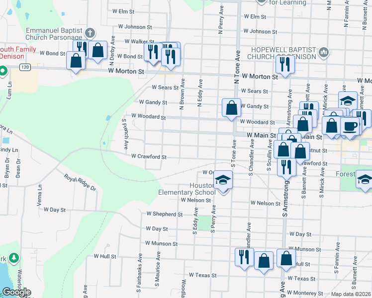 map of restaurants, bars, coffee shops, grocery stores, and more near 1323 West Crawford Street in Denison