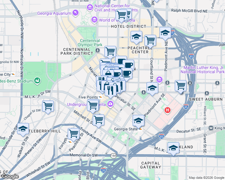 map of restaurants, bars, coffee shops, grocery stores, and more near in Atlanta
