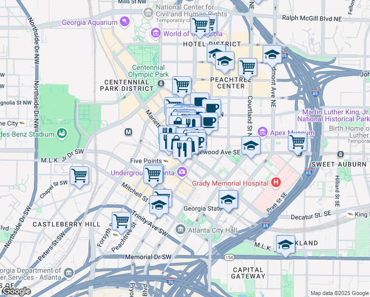 map of restaurants, bars, coffee shops, grocery stores, and more near 32 Peachtree Street Northwest in Atlanta