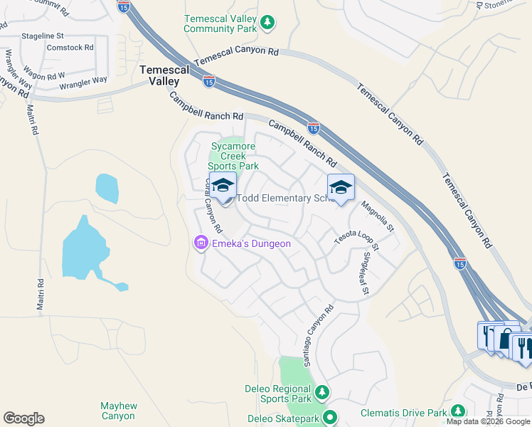 map of restaurants, bars, coffee shops, grocery stores, and more near 25111 Cliffrose Street in Corona
