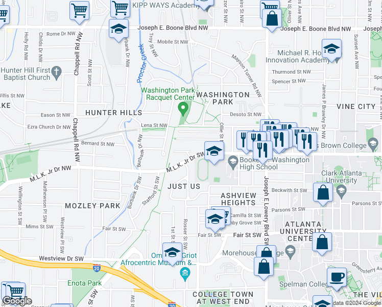 map of restaurants, bars, coffee shops, grocery stores, and more near 1099 Martin Luther King Junior Drive Northwest in Atlanta