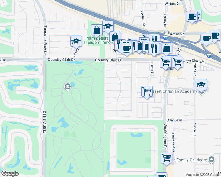 map of restaurants, bars, coffee shops, grocery stores, and more near 77556 Westbrook Court in Palm Desert