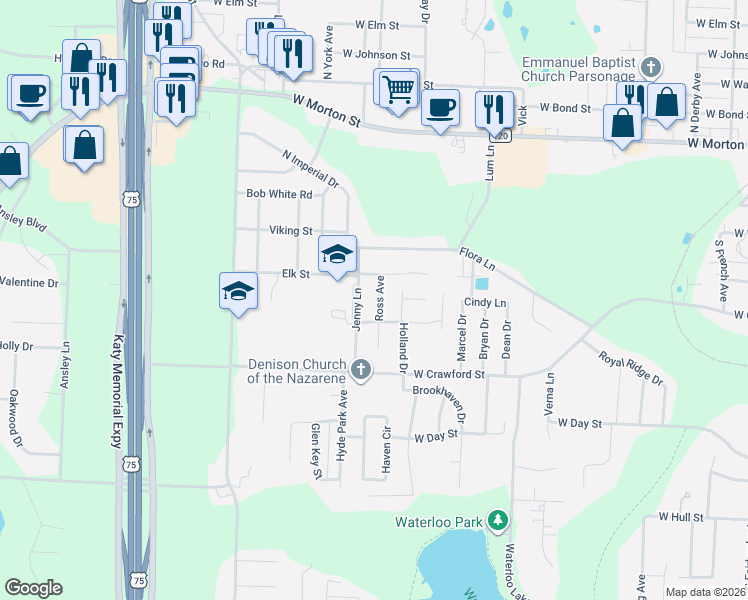 map of restaurants, bars, coffee shops, grocery stores, and more near 221 Holland Drive in Denison