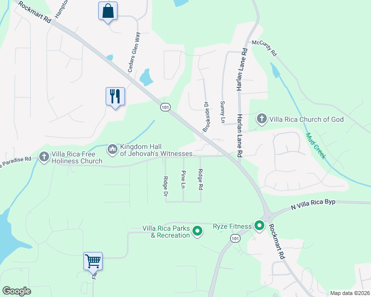 map of restaurants, bars, coffee shops, grocery stores, and more near 1240 Lake Paradise Road in Villa Rica