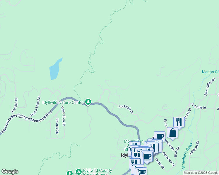 map of restaurants, bars, coffee shops, grocery stores, and more near North Ridge Drive in Idyllwild-Pine Cove
