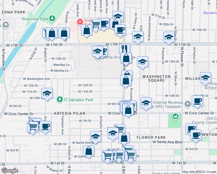 map of restaurants, bars, coffee shops, grocery stores, and more near 1410 West Street in Santa Ana