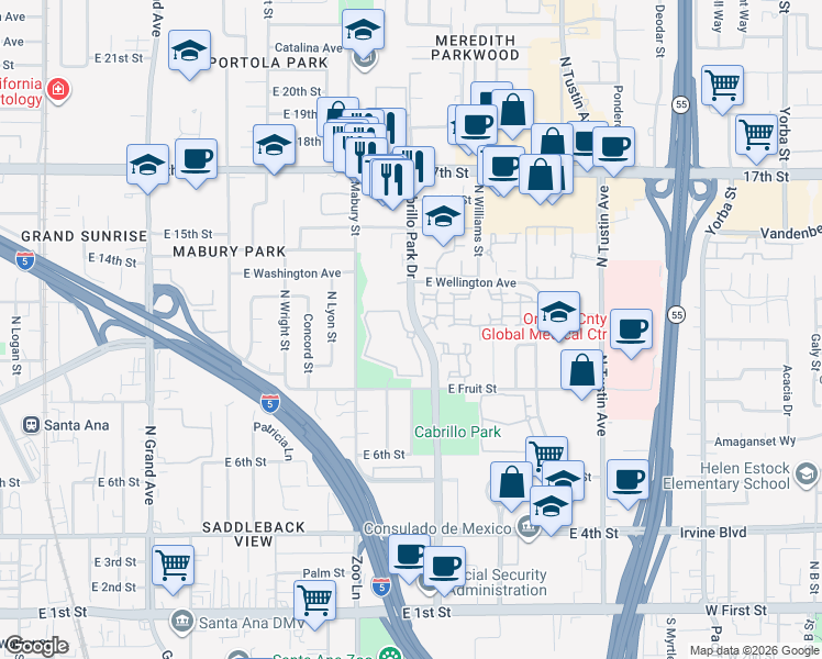 map of restaurants, bars, coffee shops, grocery stores, and more near 1052 Cabrillo Park Drive in Santa Ana