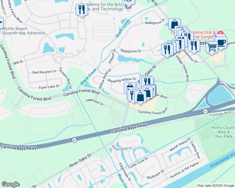 map of restaurants, bars, coffee shops, grocery stores, and more near 457 Emerson Drive in Myrtle Beach