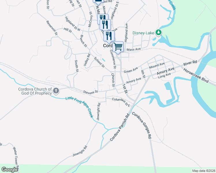 map of restaurants, bars, coffee shops, grocery stores, and more near Stevens Street in Cordova