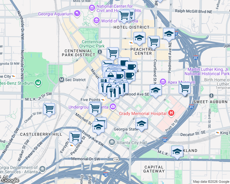 map of restaurants, bars, coffee shops, grocery stores, and more near 32 Peachtree Street Northwest in Atlanta