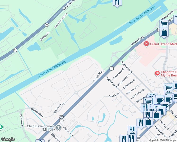 map of restaurants, bars, coffee shops, grocery stores, and more near Marina Parkway in Myrtle Beach