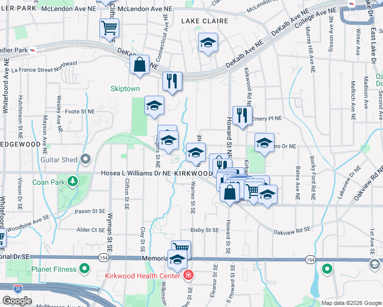 map of restaurants, bars, coffee shops, grocery stores, and more near Toomer Trail in Atlanta
