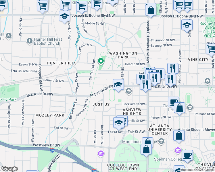 map of restaurants, bars, coffee shops, grocery stores, and more near 1069 Martin Luther King Junior Drive Northwest in Atlanta