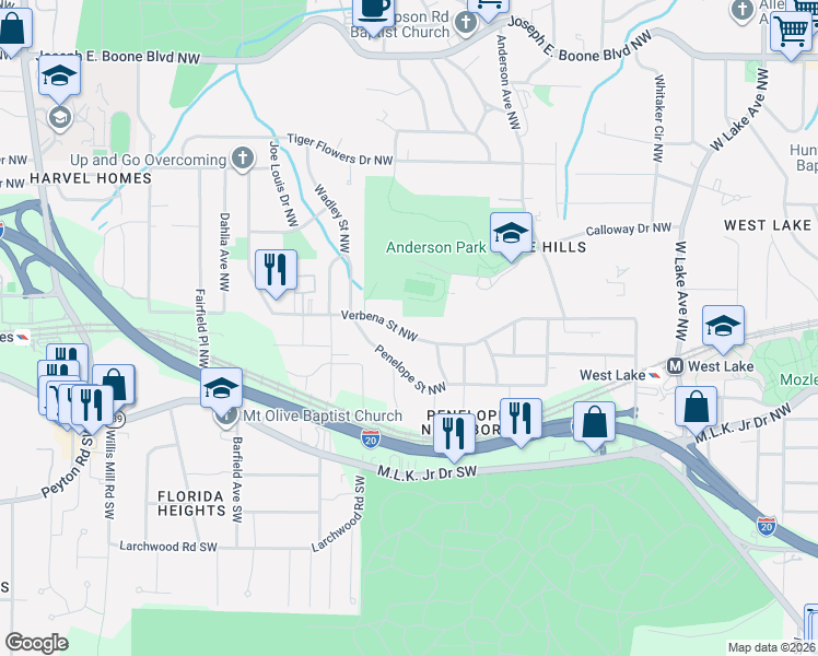map of restaurants, bars, coffee shops, grocery stores, and more near 2073 Verbena Street Northwest in Atlanta