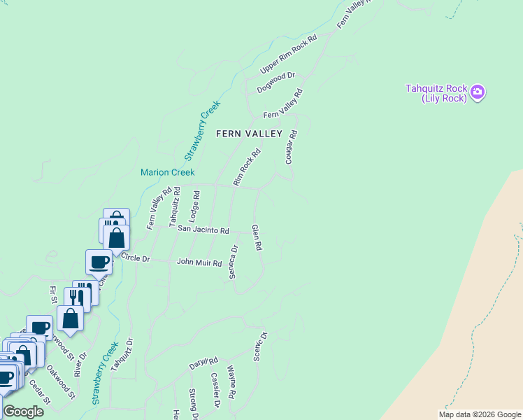 map of restaurants, bars, coffee shops, grocery stores, and more near 25250 Glen Road in Idyllwild-Pine Cove
