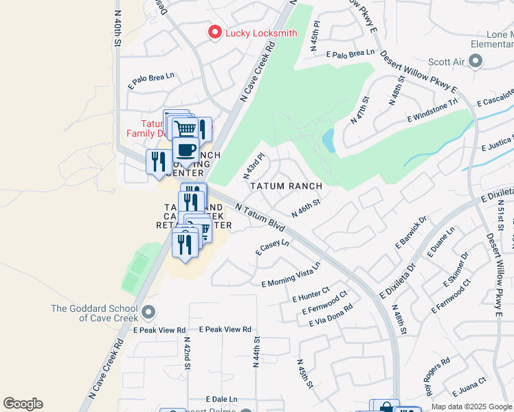 map of restaurants, bars, coffee shops, grocery stores, and more near 29623 North 44th Place in Cave Creek